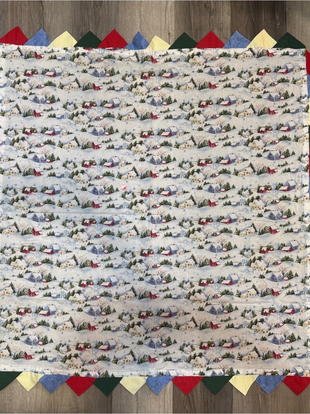Handsewn Holiday Winter Village Tablecloth - Red, Green, Blue, Yellow 42”